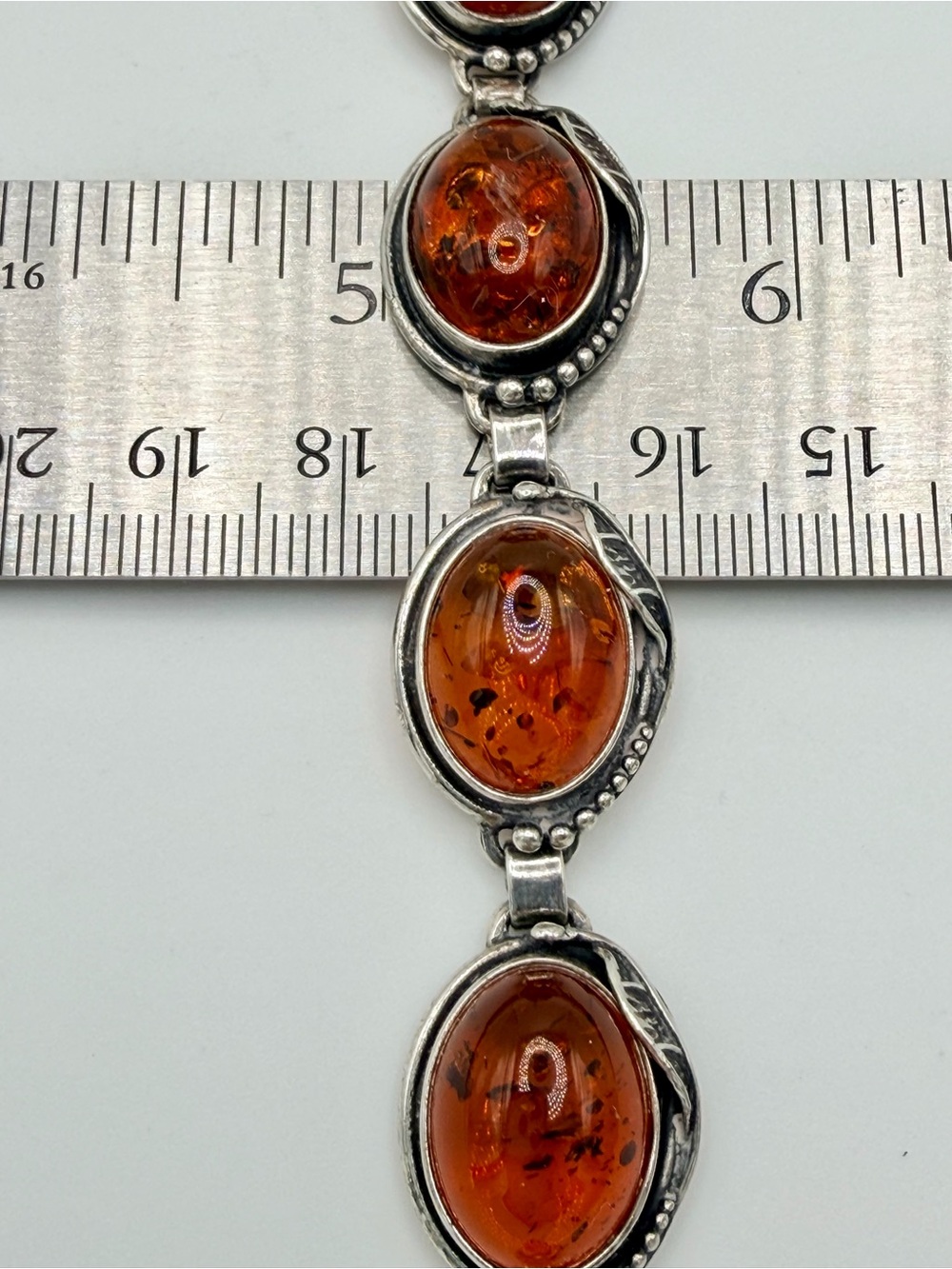 Vintage Oxidized Sterling Silver Leaf Pattern w/Oval Amber Cabochons Bracelet - Picture 14 of 16